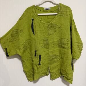 T by Transparente Linen Tunic Green Fish Beach Lagenlook Coastal Boho Art Italy